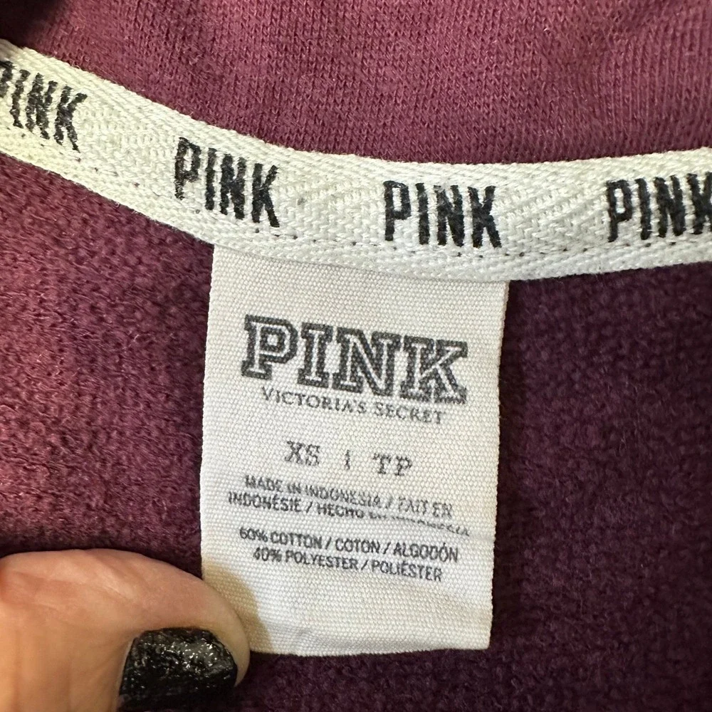 Pink Pullover Womens Size XS Maroon Burgundy Quarter Zip Raw Hem Logo Athleisure